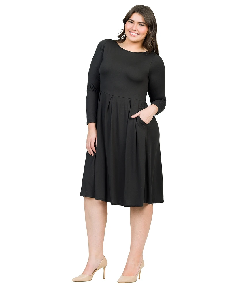 24seven Comfort Apparel Plus Long Sleeve Fit and Flare Midi Dress