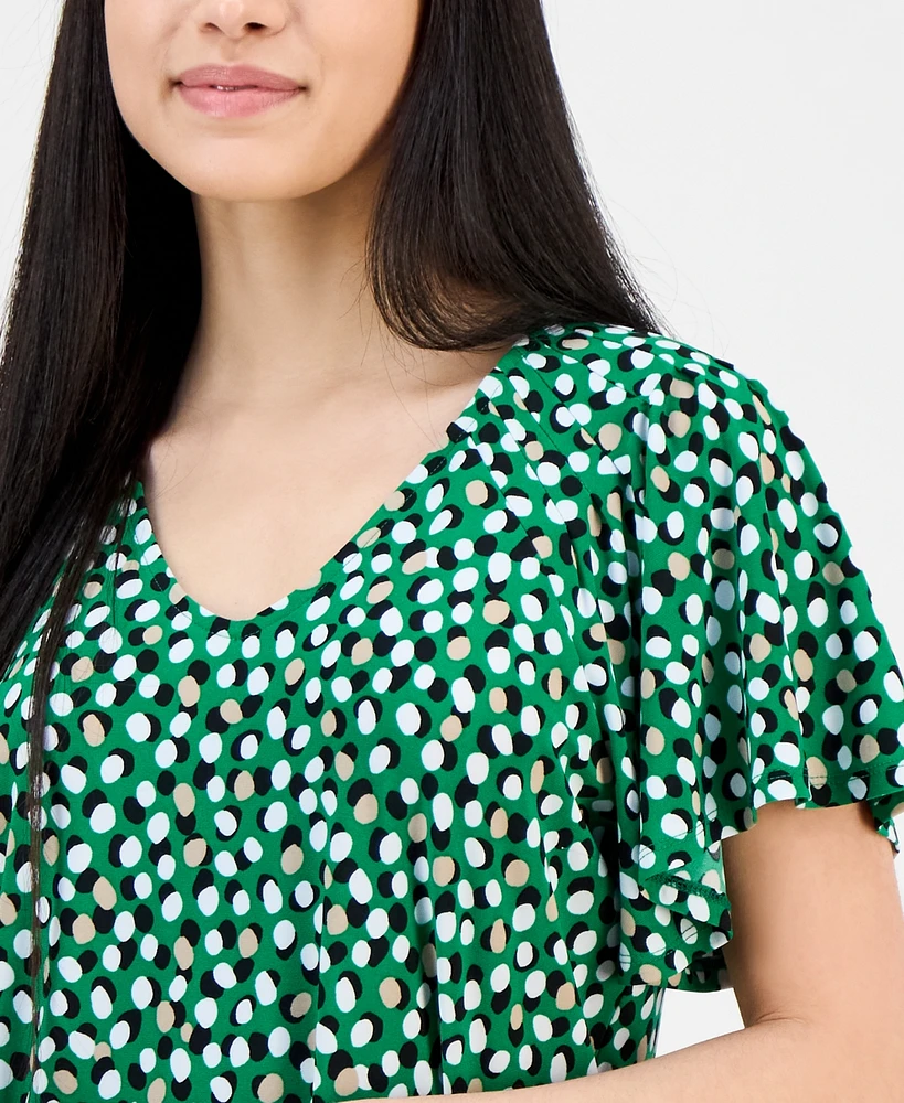 Ak Anne Klein Petite Printed V-Neck Raglan-Sleeve Top