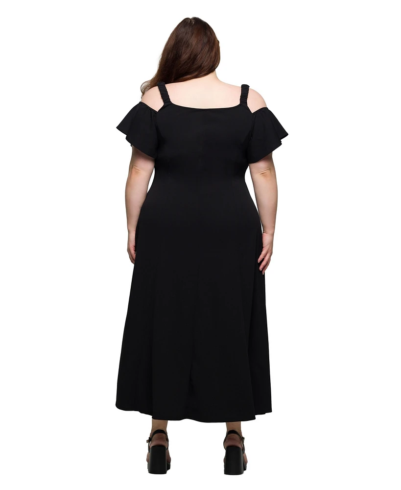 24seven Comfort Apparel Plus Cold Shoulder Ruffle Sleeve A-Line Maxi Dress