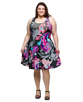 24seven Comfort Apparel Plus Size Print Sleeveless Knee Length Tank Swing Dress
