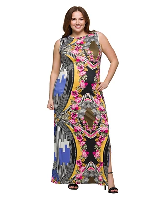 24seven Comfort Apparel Plus Print Sleeveless Side Slit Maxi Dress