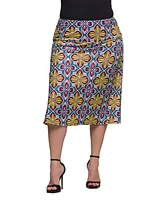 24seven Comfort Apparel Plus Size Print Comfortable Elastic Waist Knee Length Skirt