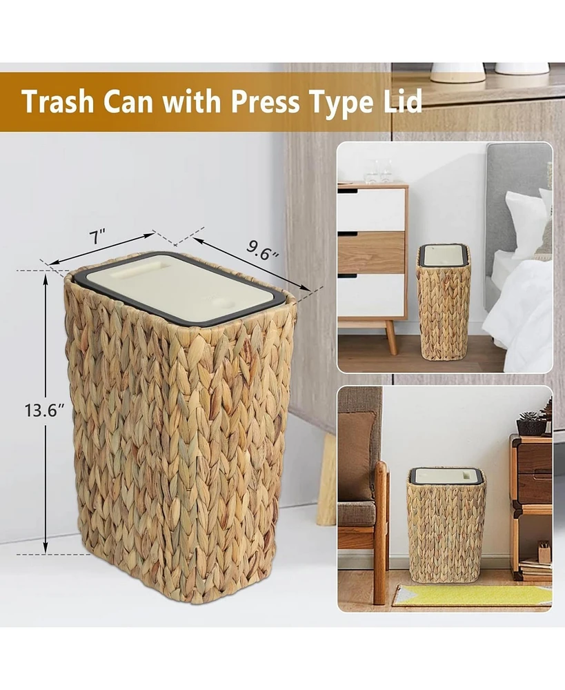 Boho Trash Can with Lid - Rattan Wastebasket, 2.6-Gallon Woven Hamper