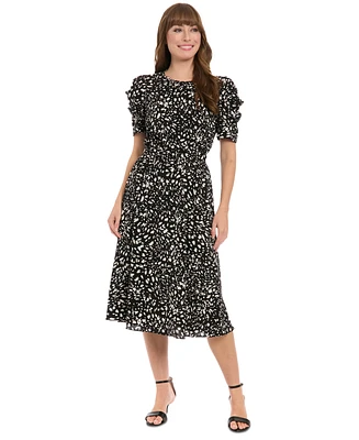 London Times Women's Printed Ruched-Sleeve Midi Dress
