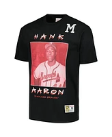 Mitchell & Ness Men's Hank Aaron Black Milwaukee Braves Cooperstown Collection Heavyweight Premium Player Vintage Logo T-Shirt