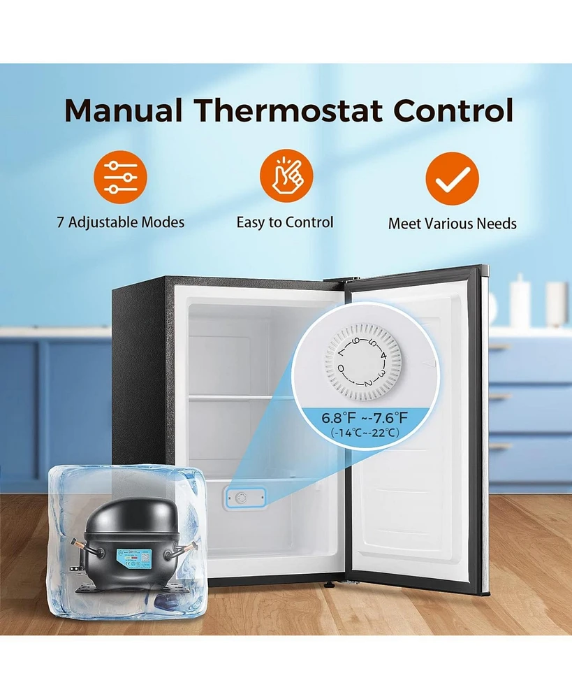 Zafro 3.0 Cu.ft upright mini freezer with adjustable thermostat, removable shelves, and reversible door. Ideal for bedrooms, homes, dorms, or apartmen