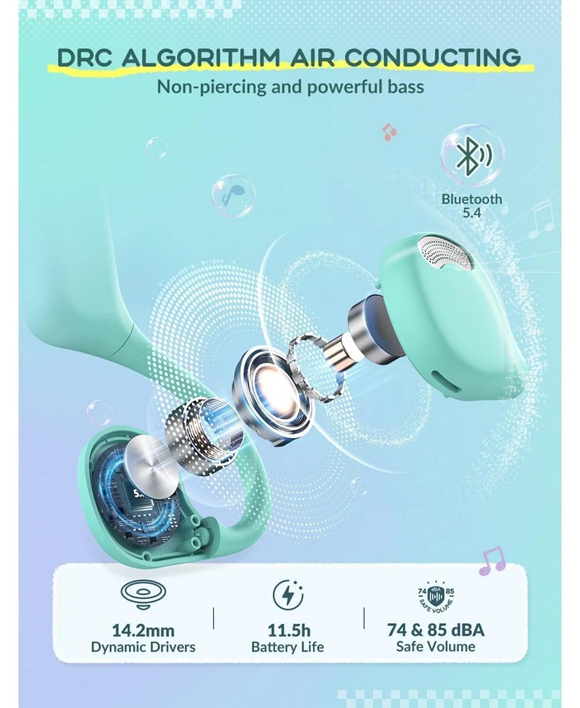 Kids Headphones Bone Conduction, Open Ear Safety, IPX4 Waterproof, 360° Bending, Kids Lightweight Headphones Wireless Bluetooth 5.4