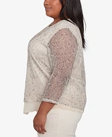 Alfred Dunner Plus Natural Instinct Popcorn Mesh Speckled Top with Necklace