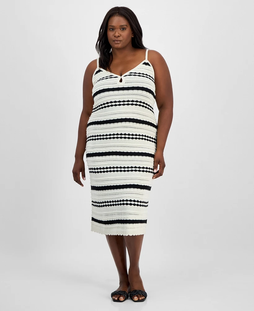 Madden Girl Trendy Plus Striped Pointelle Knit Sleeveless Midi Dress