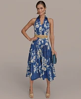 Donna Karan New York Women's Halter Belted Floral Print Midi Dress