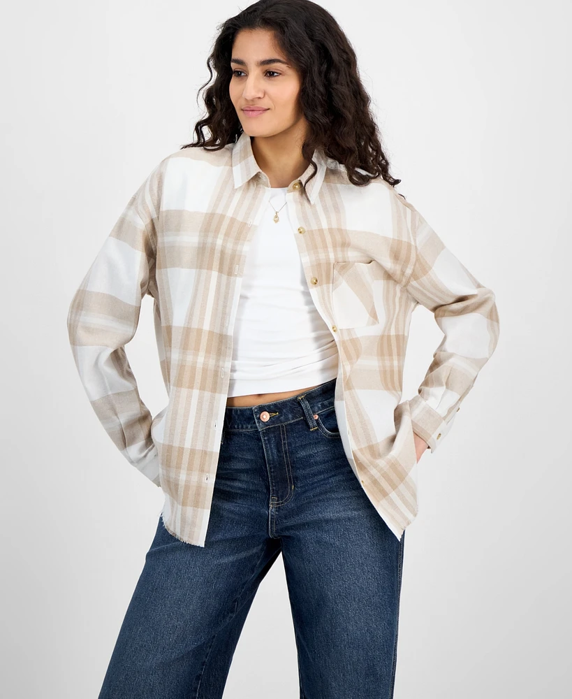Just Polly Juniors' Girlfriend Frayed-Hem Plaid Shirt