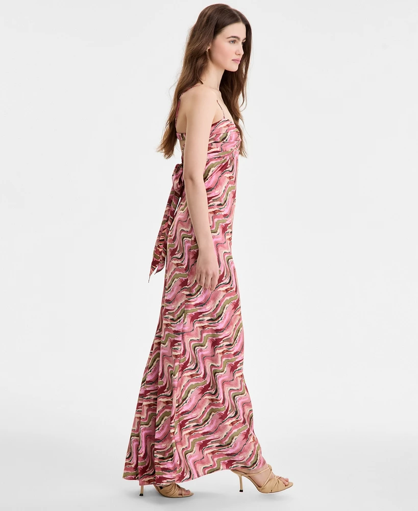 Seni & Cade Juniors' Satin Printed Twist-Front Maxi Dress