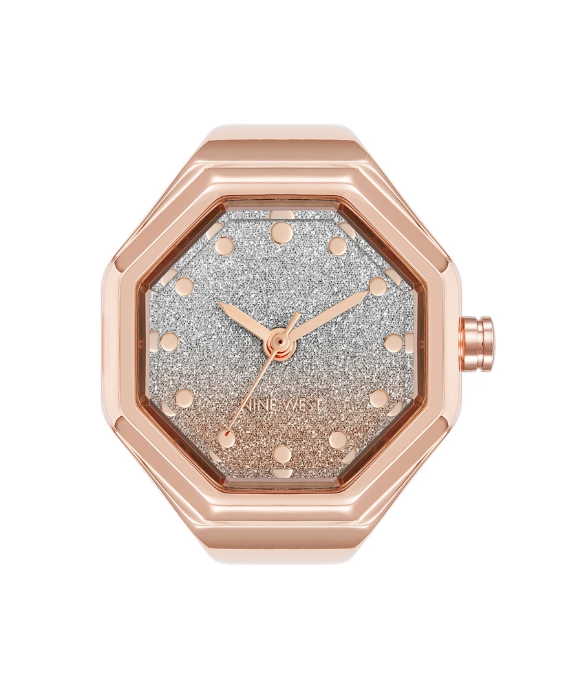 Nine West Women's Quartz Octagonal Ombre Glitter Rose Gold-Tone Metal Alloy Ring Watch, 23mm