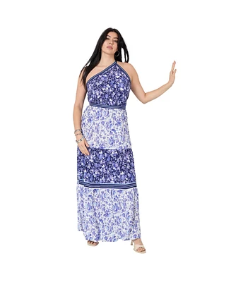 June + Vie Women's One-Shoulder Tiered Maxi Dress