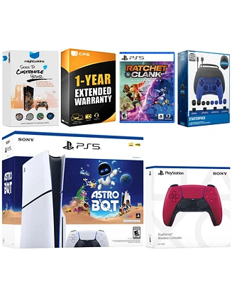 Sony PlayStation 5 Slim Disc Astro Bot, Rachet and Clank Bundle with Extra Volcanic Red Controller, Pro Gamer Starter Kit, MightySkins Code and 1 Year