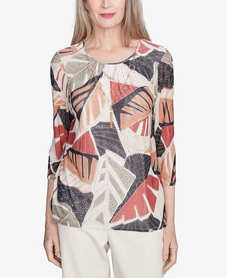 Alfred Dunner Petite Natural Instinct Tropical Mesh Top With Necklace