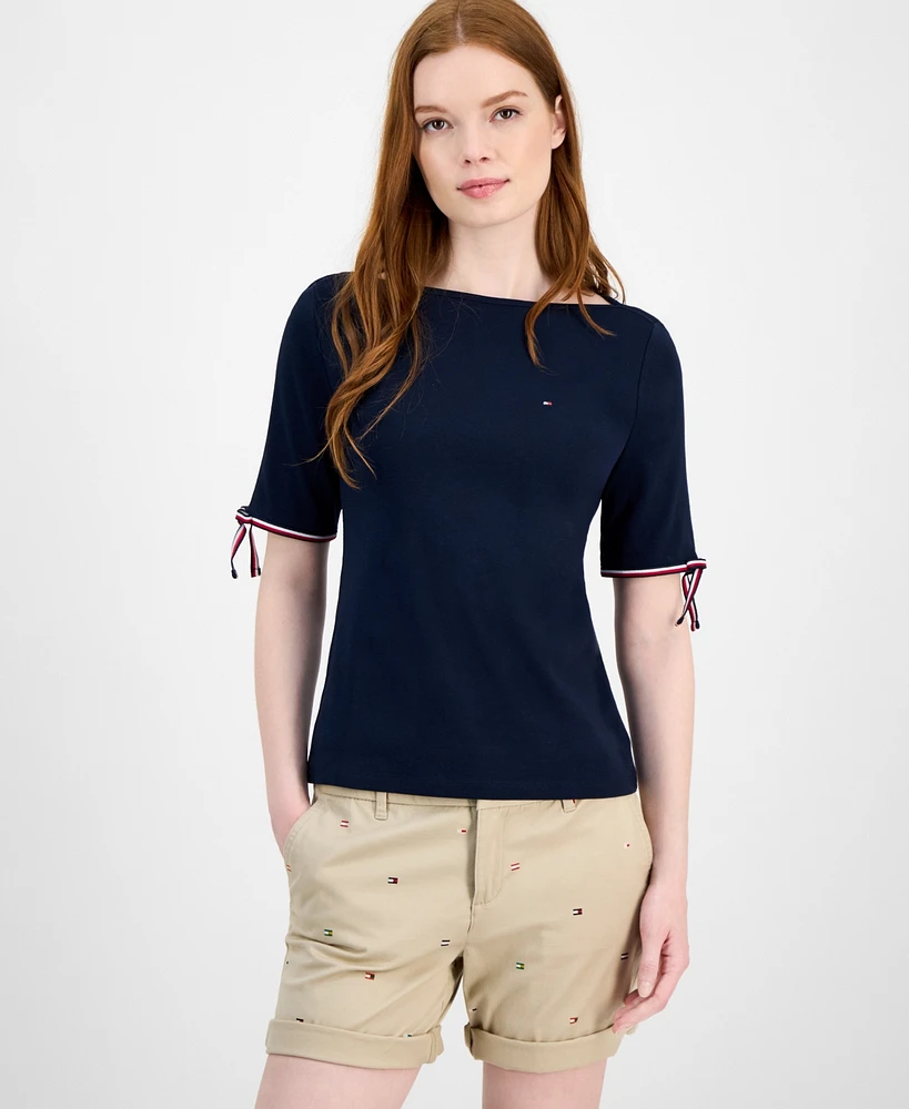 Tommy Hilfiger Women's Cotton Boat-Neck Tie-Sleeve T-Shirt