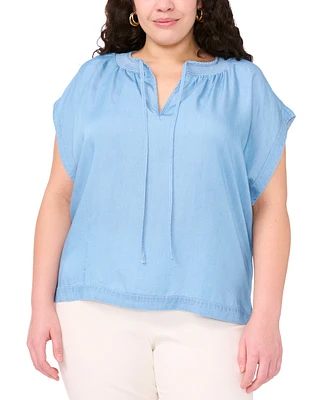 Vince Camuto Plus Shirred Split-Neck Peasant Top