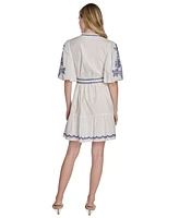 Eliza J Petite Embroidered Belted Button-front Cotton Mini Dress