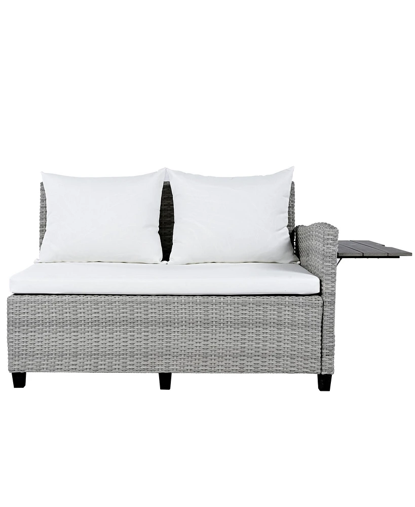 Mondawe 5-Piece Outdoor Sectional Pe Wicker L-Shaped Garden Furniture Set with 2 Extendable Side Tables, Dining Table and Washable Covers