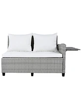 Mondawe 5-Piece Outdoor Sectional Pe Wicker L-Shaped Garden Furniture Set with 2 Extendable Side Tables, Dining Table and Washable Covers