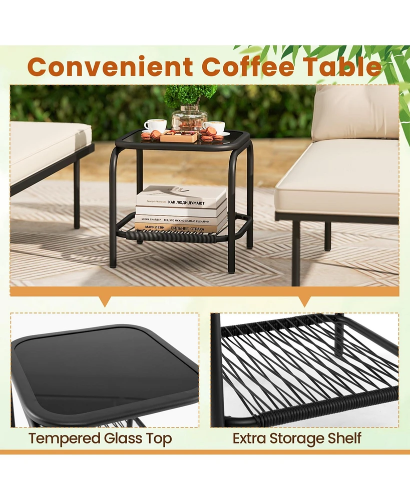 Gymax 3-Piece L Shaped Patio Furniture Set w/Tempered Glass Table Back & Seat Cushions