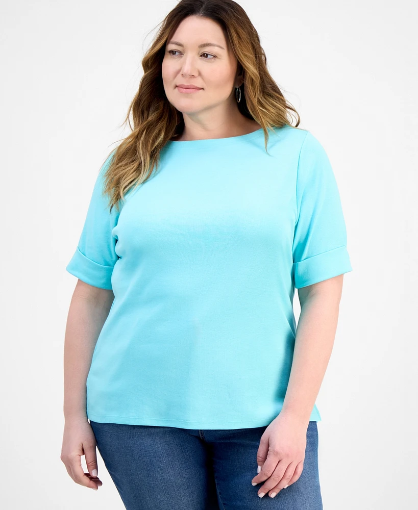 Style & Co Plus Boat-Neck Elbow Sleeve Cotton Top, Exclusively at Macy's