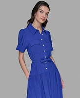 Karl Lagerfeld Paris Women's Belted Puff-sleeve Midi Shirtdress