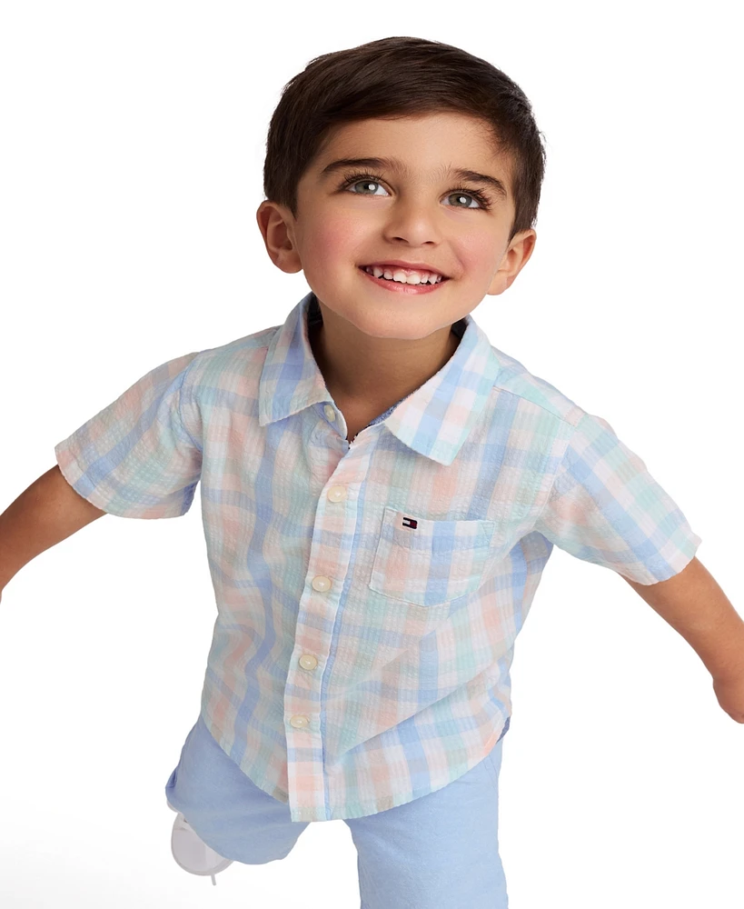 Tommy Hilfiger Toddler Boys 2-Piece Short Sleeve Seersucker Plaid Shirt and Oxford Shorts Set