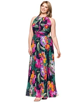 Xscape Plus Printed Halter-Neck Pleated Sleeveless Gown