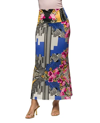 24seven Comfort Apparel Women's Multicolor Floral Print Fold Over Waist Maxi Skirt