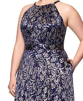 Betsy & Adam Plus Metallic Floral Print Sleeveless Gown