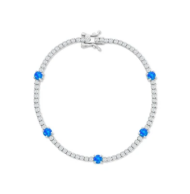 Sterling Silver, Round Blue Synthetic Opal & Cz Tennis Bracelet