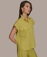 Donna Karan New York Women's Short Sleeve Linen-Blend Collared Shirt