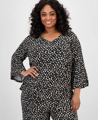Kasper Plus Printed Bell-Sleeve Blouse