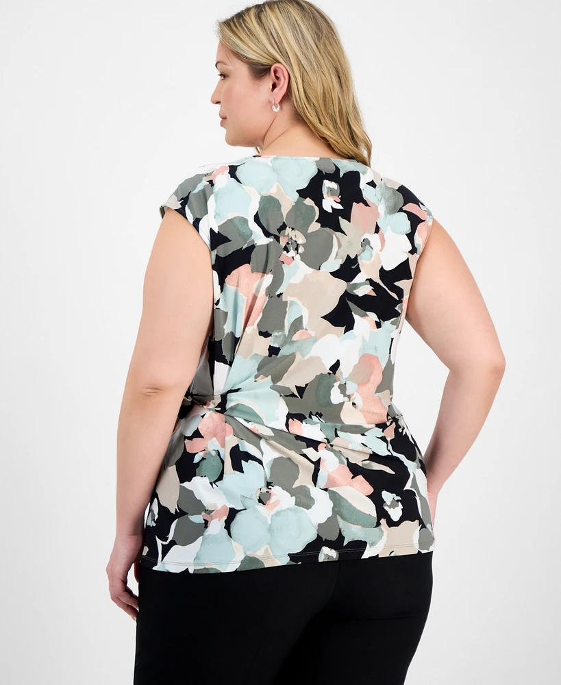 Kasper Plus Floral-Print Side-Tie Top