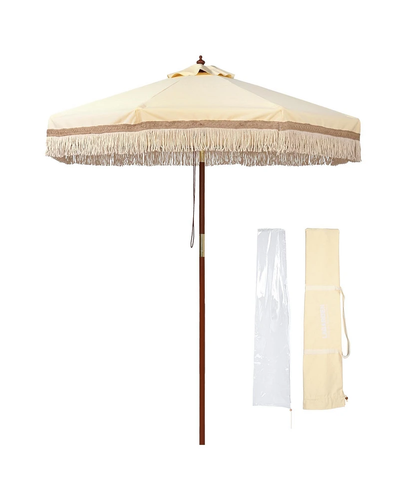 LAGarden Boho 7' Fringe Patio Umbrella with Tassels UPF50+ Boho Style 5-Year-Non-Fading for Outdoor Yard Butter Twisted Root
