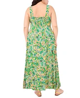 Vince Camuto Plus Paisley- Print Square-Neck Smocked-Back Sleeveless Maxi Dress
