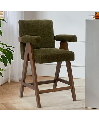 Upholstered Counter Height Bar Stool with Arms, 25.5" Solid Wood Chair for Kitchen Island or Home Bar-Maison Boucle