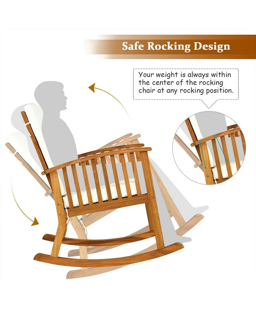 Gymax 3PCS Patio Rocking Chair Set Round Table Solid Wood Cushioned Sofa Garden Deck