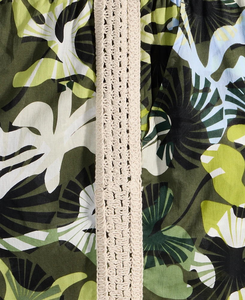 On 34th Women's Leaf-Print Crochet-Trim Wide-Leg Pants, Exclusively at Macy's