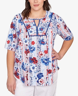 Ruby Rd. Plus Size Riviera Floral Stripe Print Knit Top