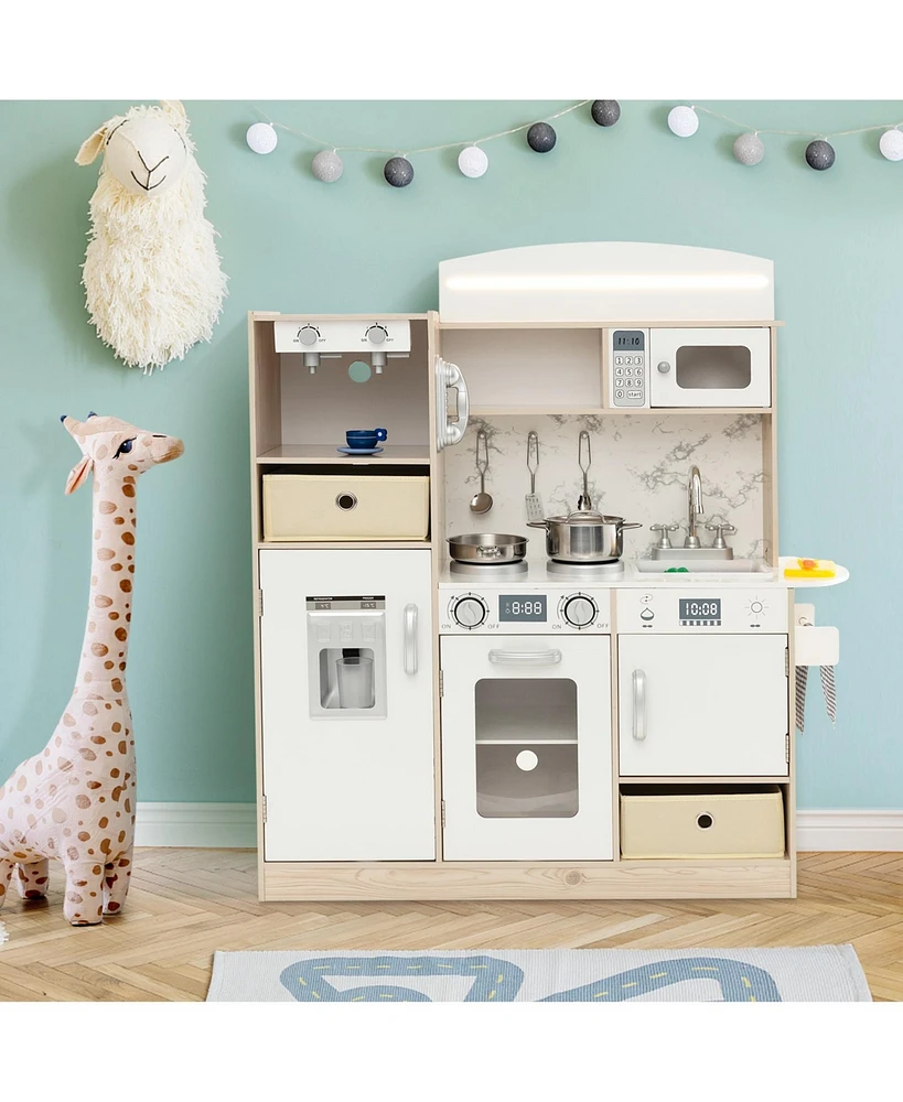 Kids Kitchen Playset with Adjustable Led Lights Removable Fabric Bins