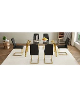 Golden Leg Glass Table & 6 Black Pu Chairs