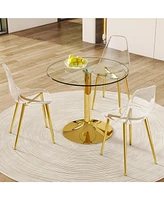 35" Glass Round Dining Set: Gold Table & 3 Clear Chairs