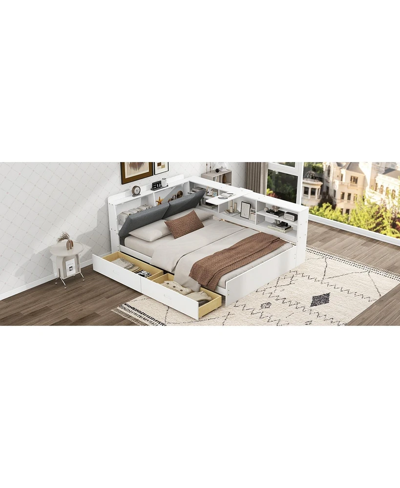 Wood Full Size platform bed with Storage Headboard, Shelves and 2 Drawers, White