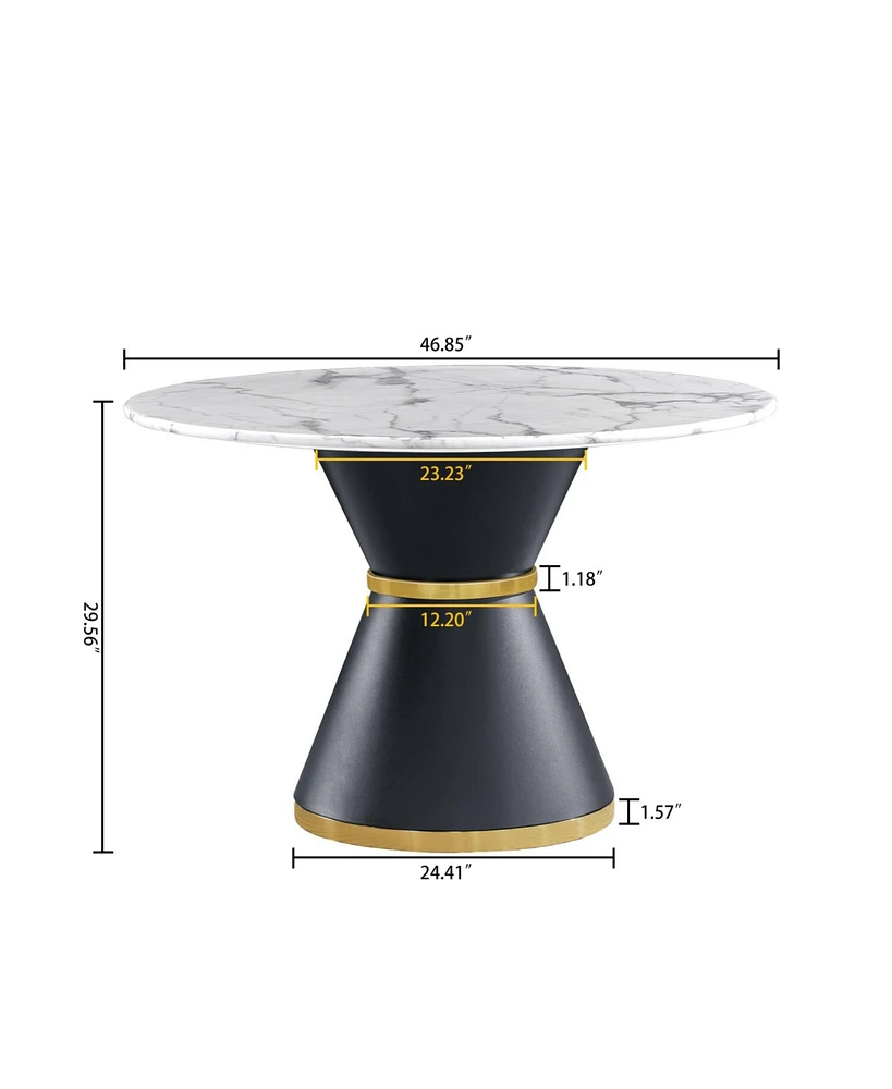 White Marble Print Round Table, Black/Gold Base (No Chairs)