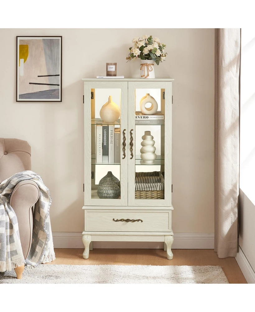 Curio Cabinet Lighted Glass Cabinet Glass Wine Cabinet Curio Display Cabinet with Adjustable Glass Shelves 2 Doors and 1 drawer Cabinet Sideboard With