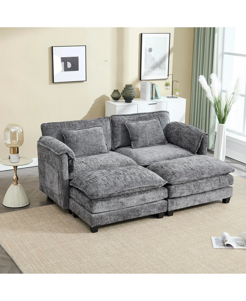Plush Chenille Sofa with Detachable Armrests