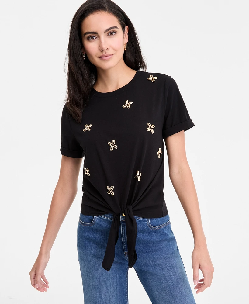 I.n.c. International Concepts Women's Embellished Cotton Tie-Front T-Shirt, Exclusively at Macy's